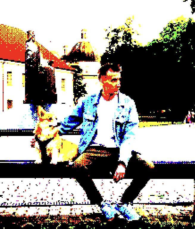 Alexey with his corgi sitting on a bench, Commodore 64 color palette